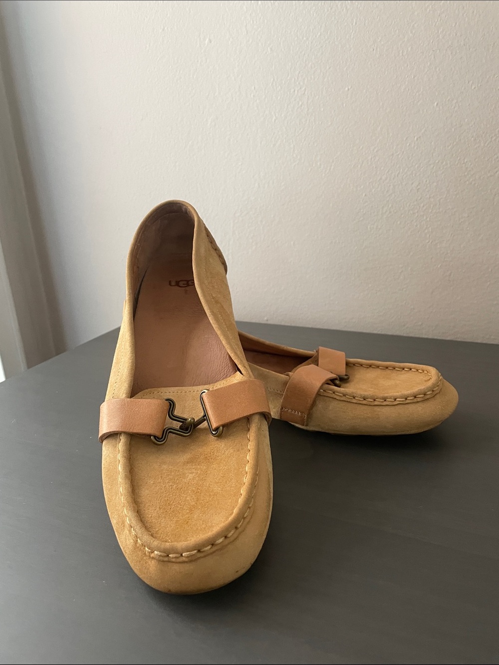 UGG Tan Suede Slip-On Loafers with Leather Strap - Picture 2 of 9